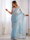 Bewitching Sky-Blue Swarovski Work Organza Party Wear Saree - Zeel Clothing