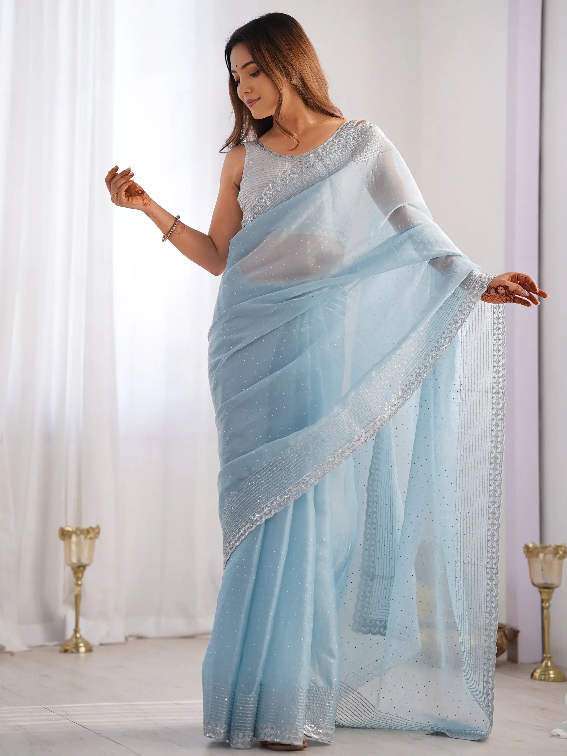Bewitching Sky-Blue Swarovski Work Organza Party Wear Saree - Zeel Clothing
