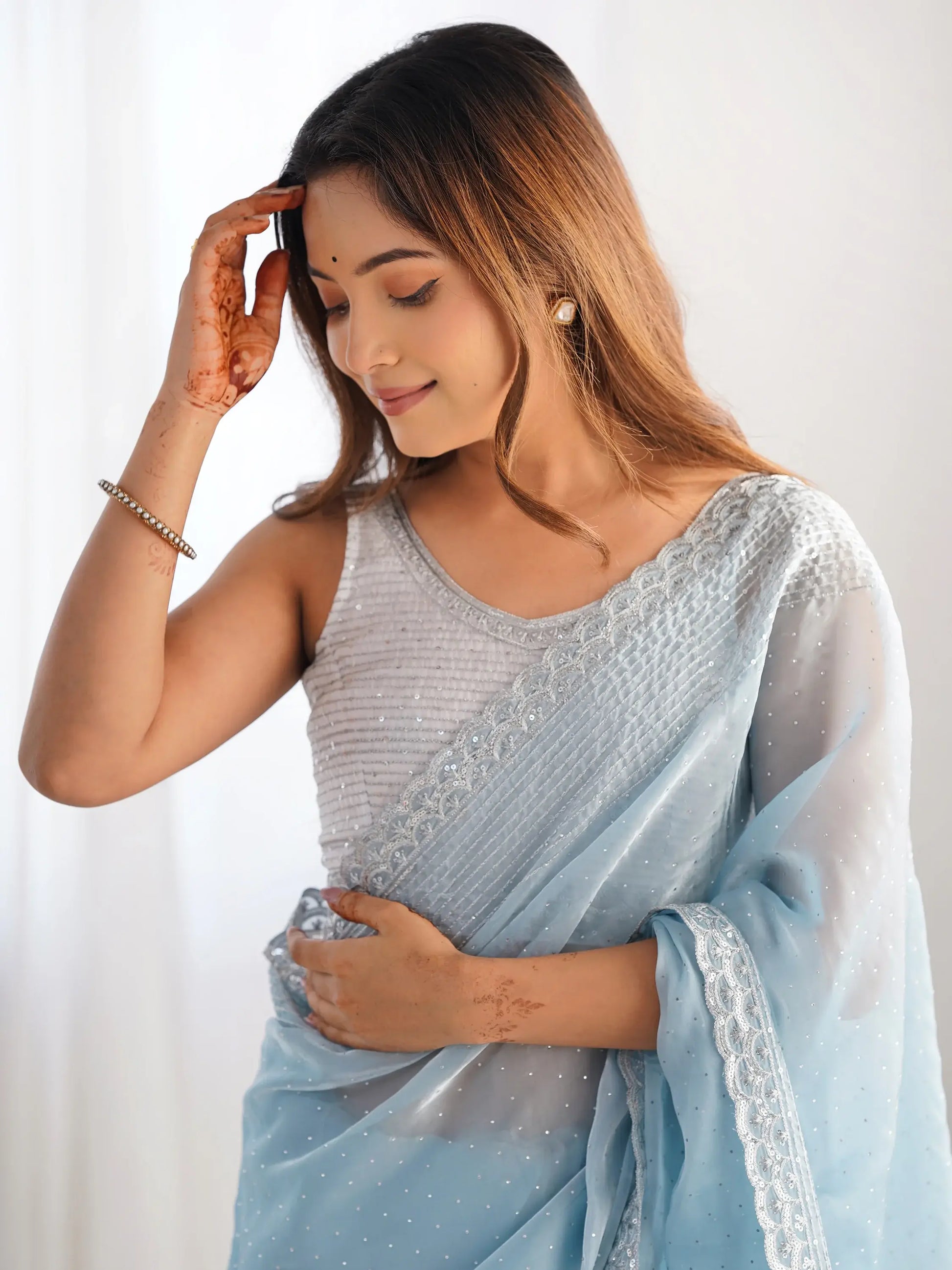 Bewitching Sky-Blue Swarovski Work Organza Party Wear Saree - Zeel Clothing