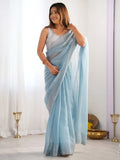 Bewitching Sky-Blue Swarovski Work Organza Party Wear Saree - Zeel Clothing