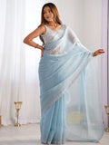 Bewitching Sky-Blue Swarovski Work Organza Party Wear Saree - Zeel Clothing