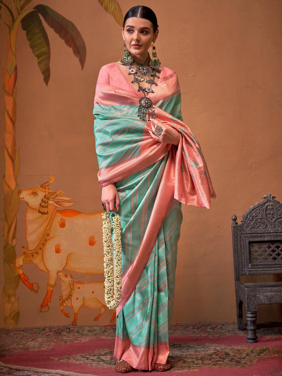 Bewitching Sky-Blue Weaving Silk Traditional Saree With Blouse