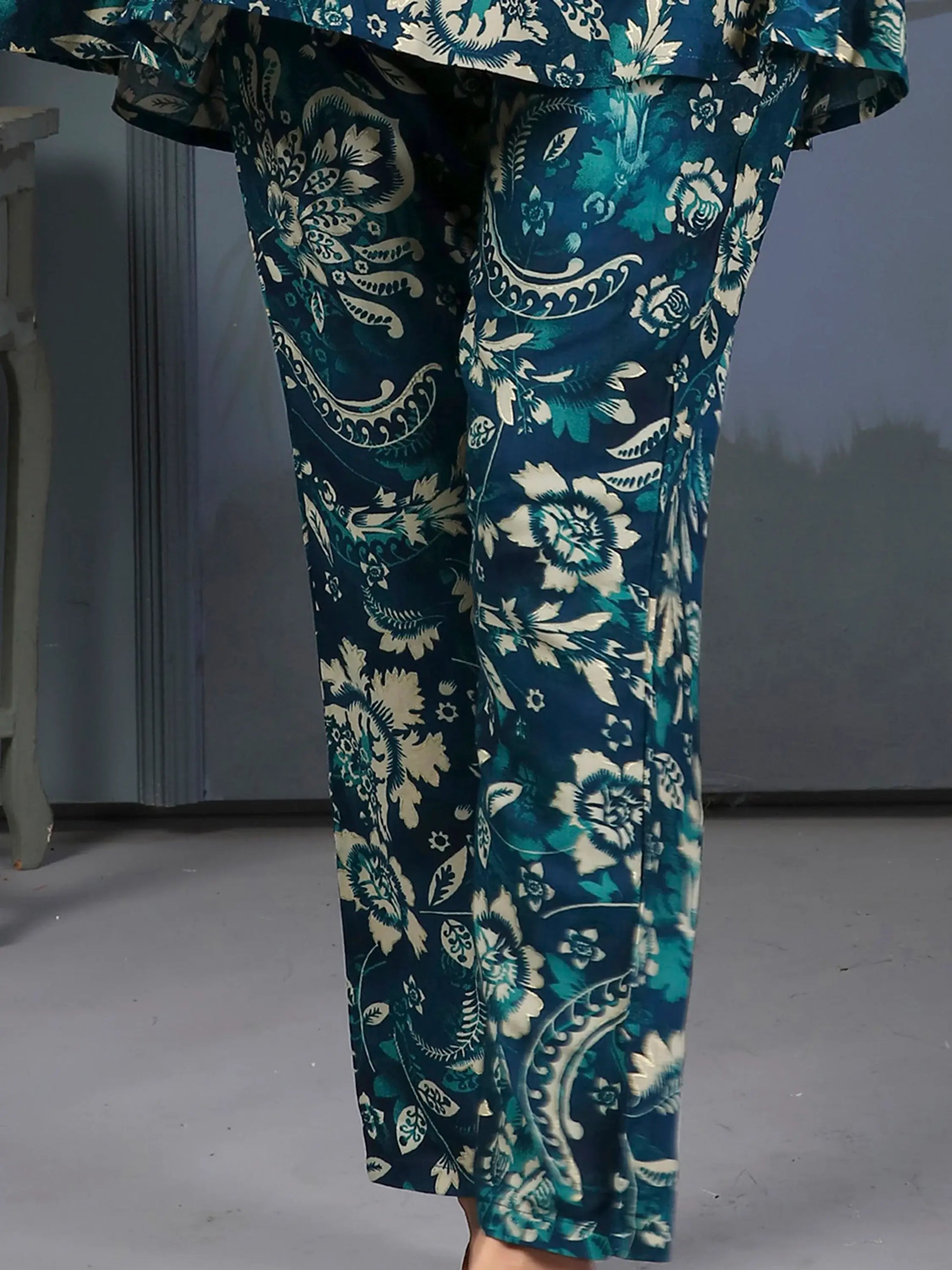 Bewitching Teal Blue Digital Printed Rayon Top Palazzo Co-Ord Set - Zeel Clothing