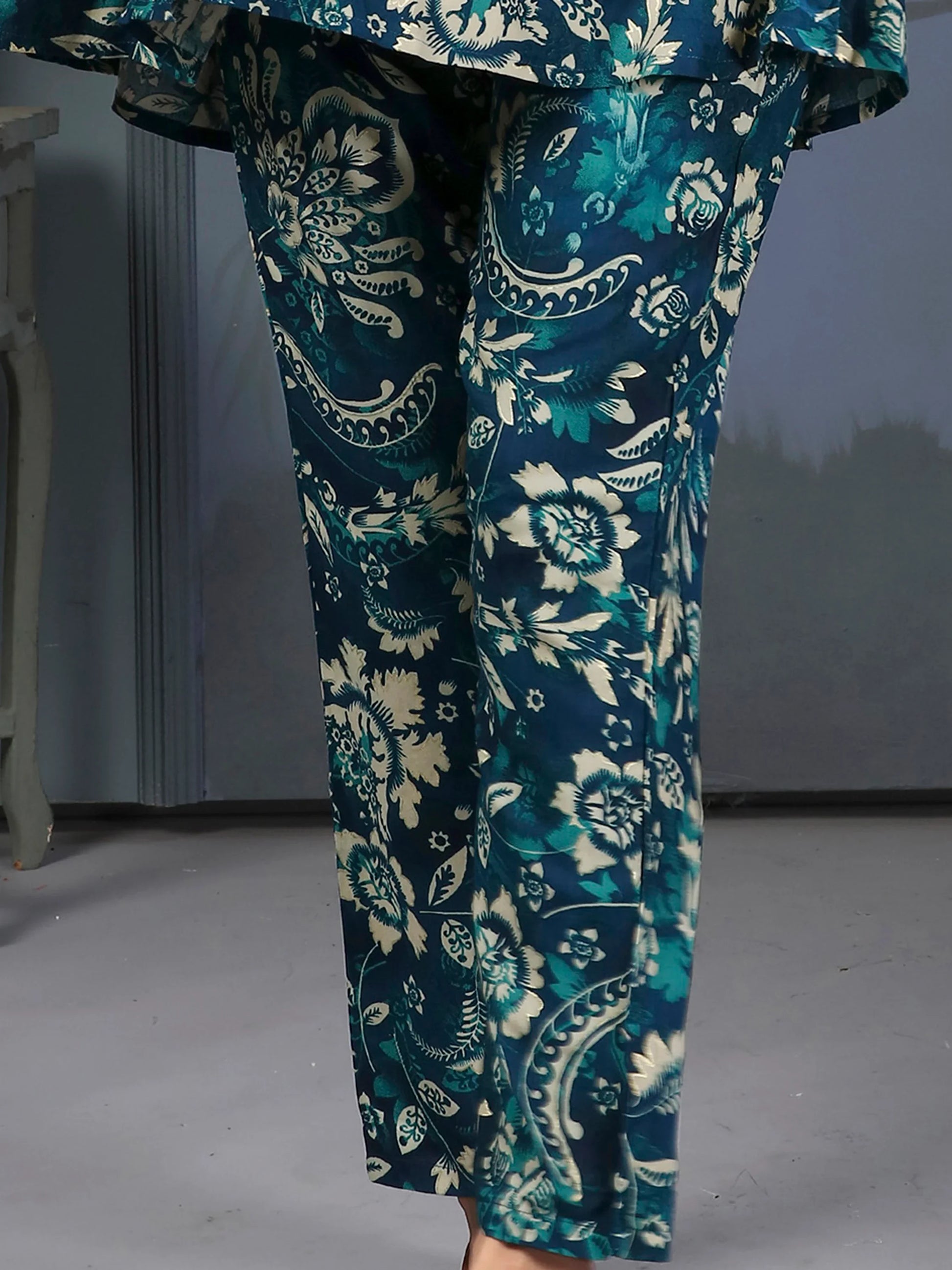 Bewitching Teal Blue Digital Printed Rayon Top Palazzo Co-Ord Set - Zeel Clothing