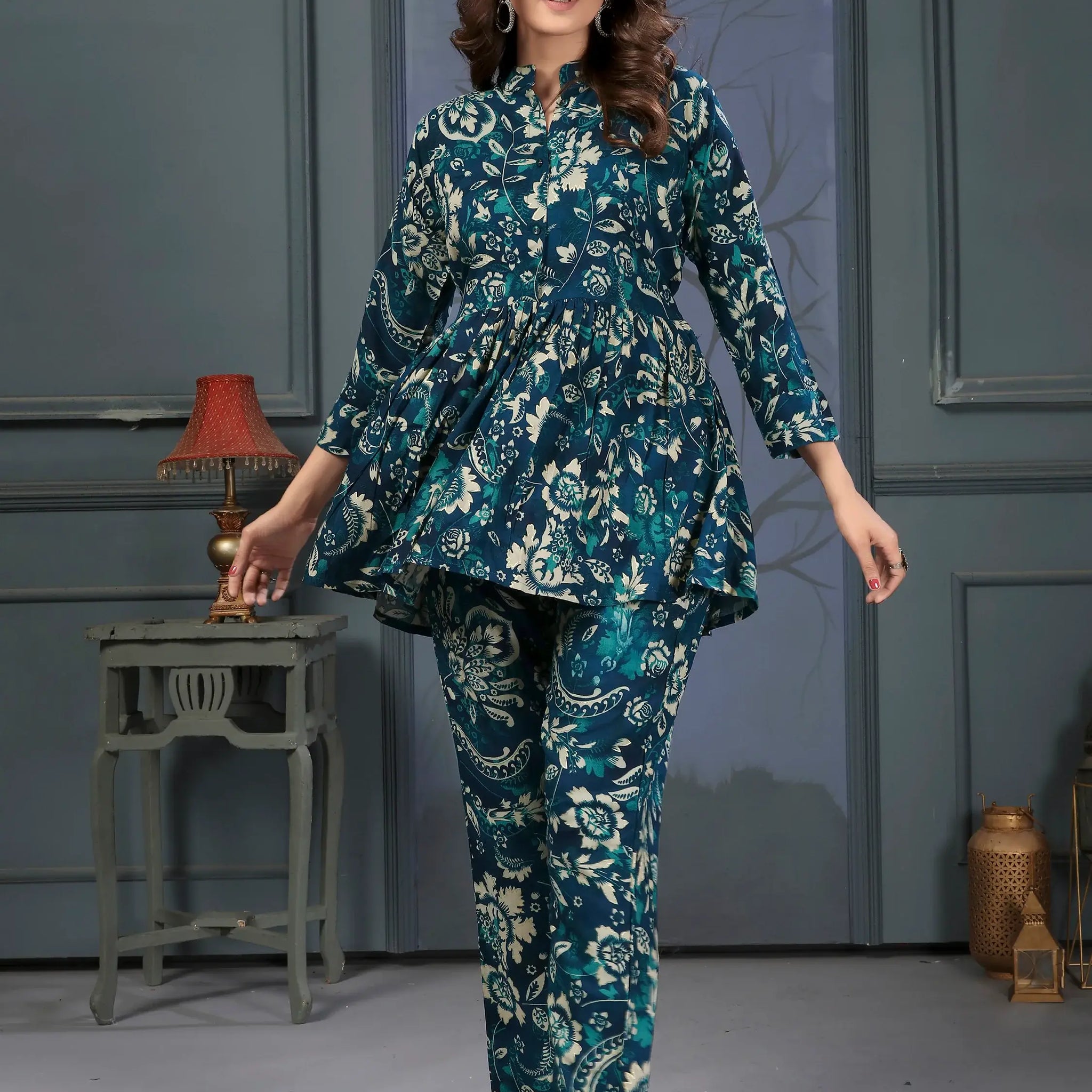 Bewitching Teal Blue Digital Printed Rayon Top Palazzo Co-Ord Set - Zeel Clothing