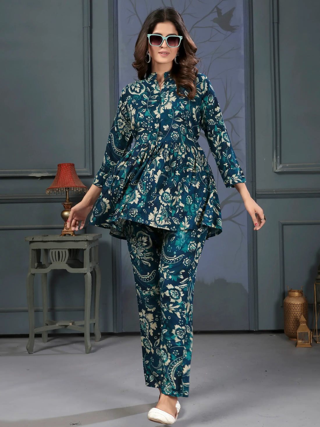 Bewitching Teal Blue Digital Printed Rayon Top Palazzo Co-Ord Set - Zeel Clothing