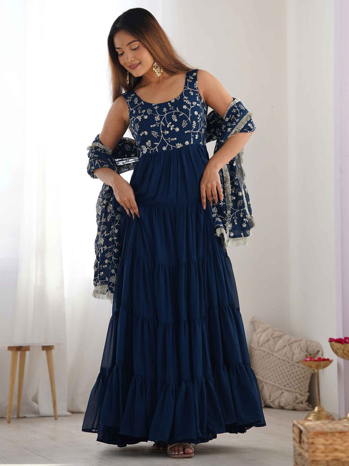 Bewitching Teal Blue Embroidered Georgette Anarkali Gown With Dupatta - Zeel Clothing