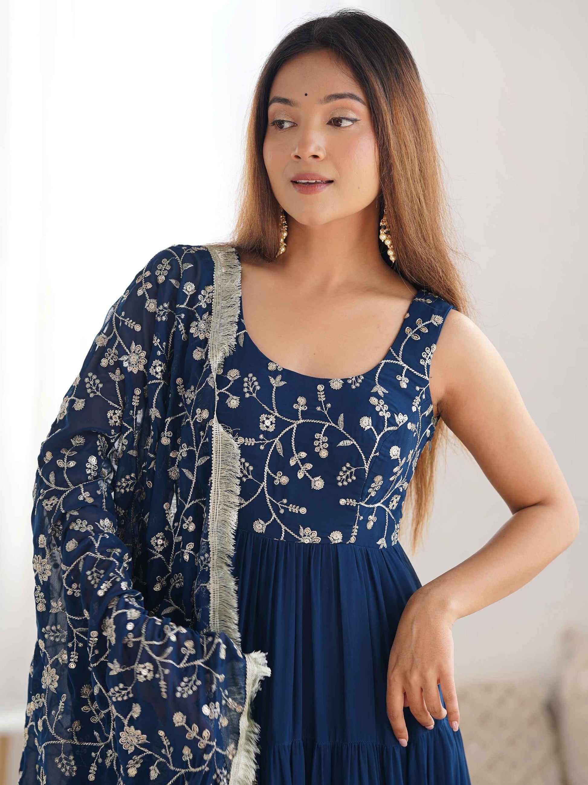 Bewitching Teal Blue Embroidered Georgette Anarkali Gown With Dupatta - Zeel Clothing