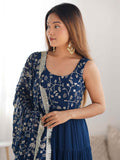Bewitching Teal Blue Embroidered Georgette Anarkali Gown With Dupatta - Zeel Clothing