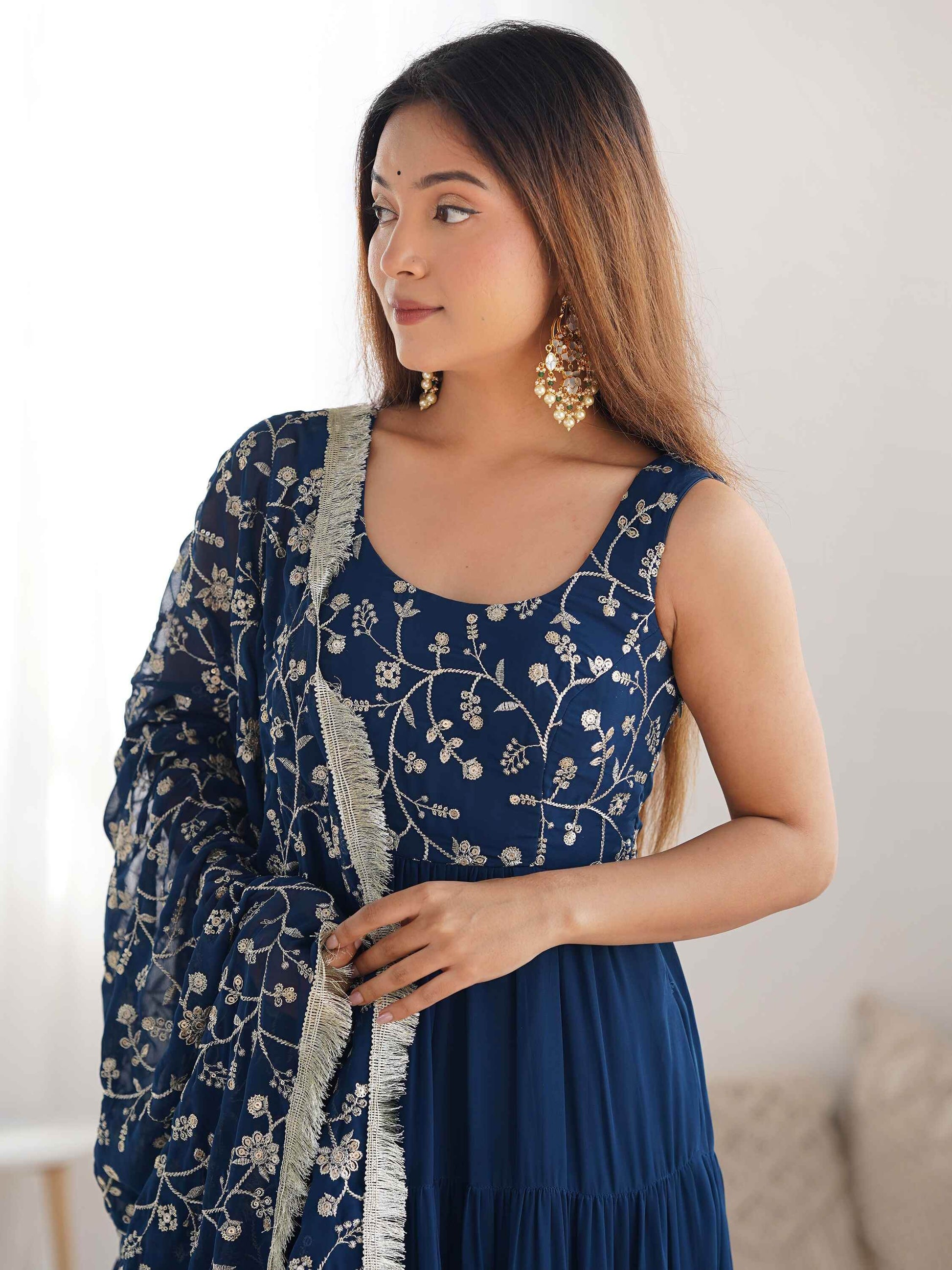 Bewitching Teal Blue Embroidered Georgette Anarkali Gown With Dupatta - Zeel Clothing