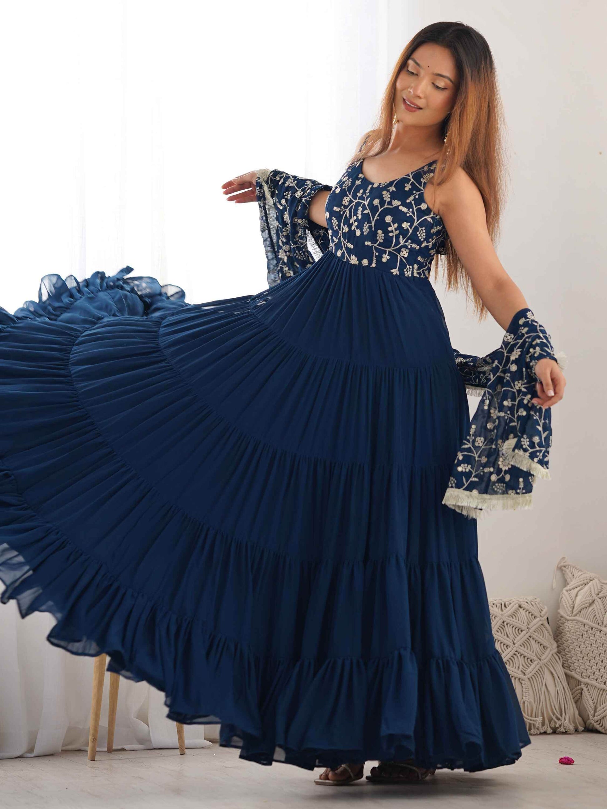 Bewitching Teal Blue Embroidered Georgette Anarkali Gown With Dupatta - Zeel Clothing