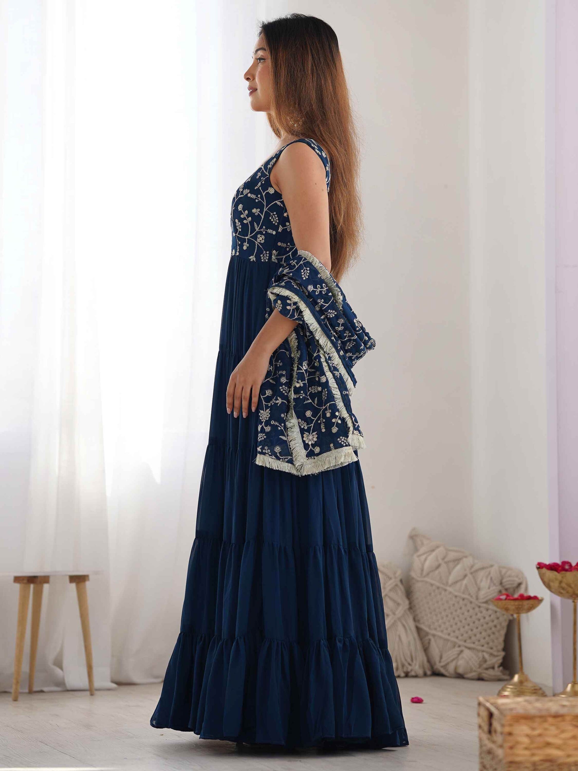 Bewitching Teal Blue Embroidered Georgette Anarkali Gown With Dupatta - Zeel Clothing