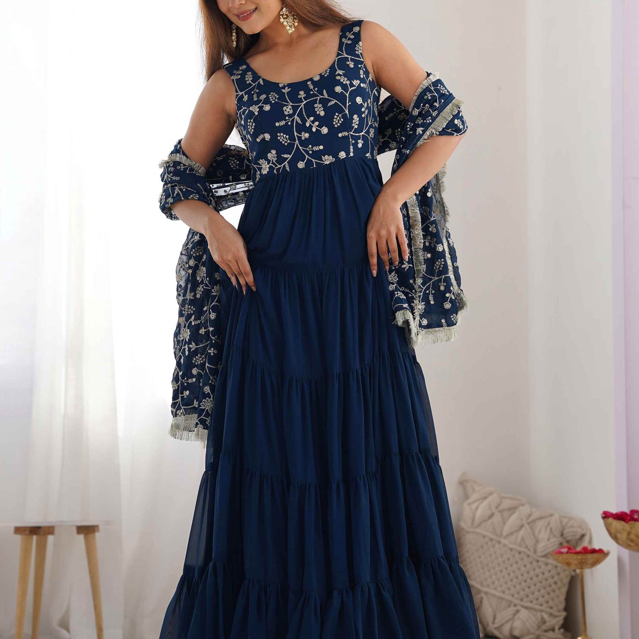 Bewitching Teal Blue Embroidered Georgette Anarkali Gown With Dupatta - Zeel Clothing