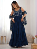 Bewitching Teal Blue Embroidered Georgette Anarkali Gown With Dupatta - Zeel Clothing