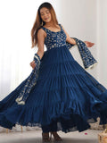 Bewitching Teal Blue Embroidered Georgette Anarkali Gown With Dupatta - Zeel Clothing