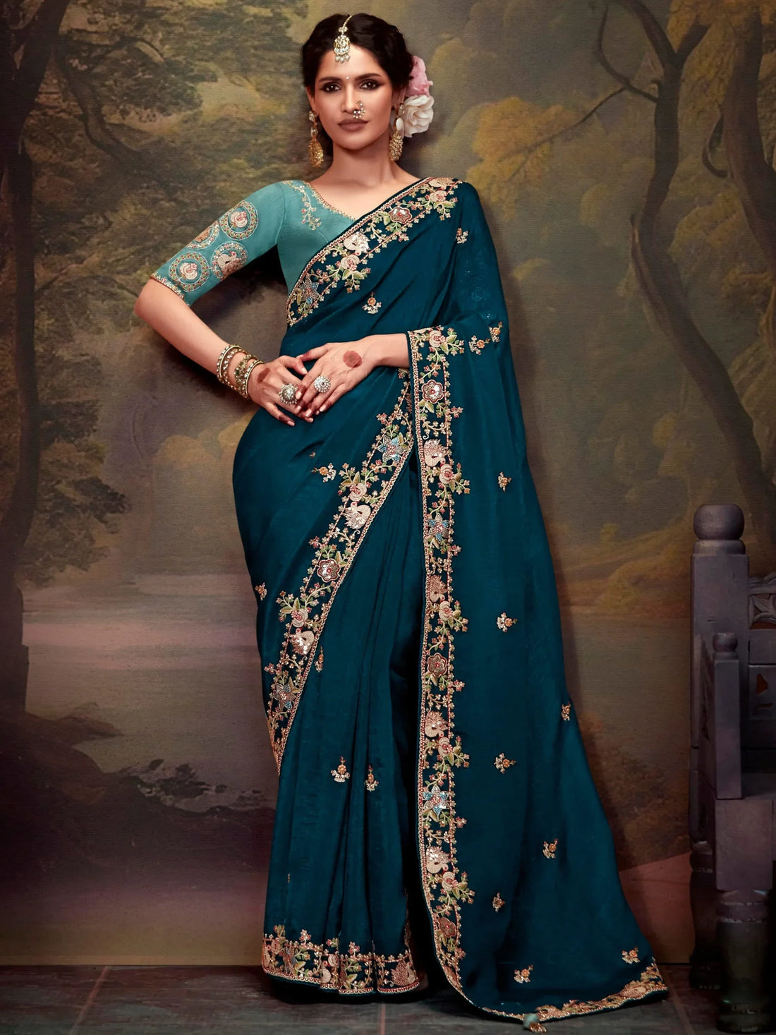 Bewitching Teal Blue Embroidered Silk Wedding Wear Saree With Blouse - Zeel Clothing