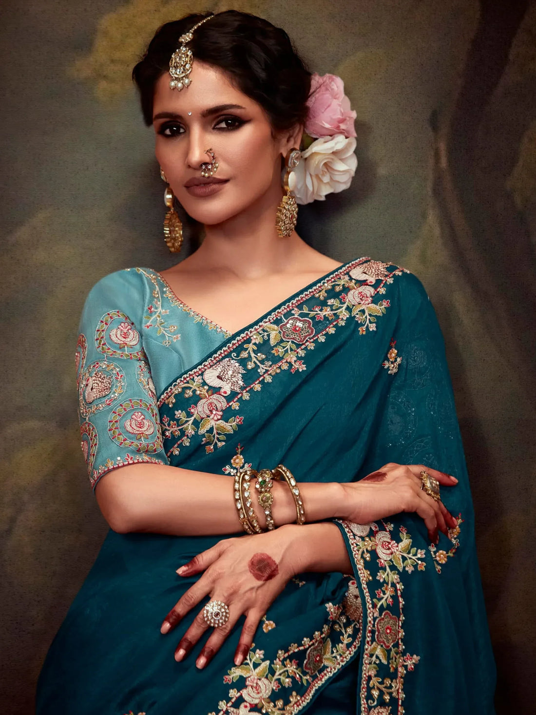 Bewitching Teal Blue Embroidered Silk Wedding Wear Saree With Blouse - Zeel Clothing