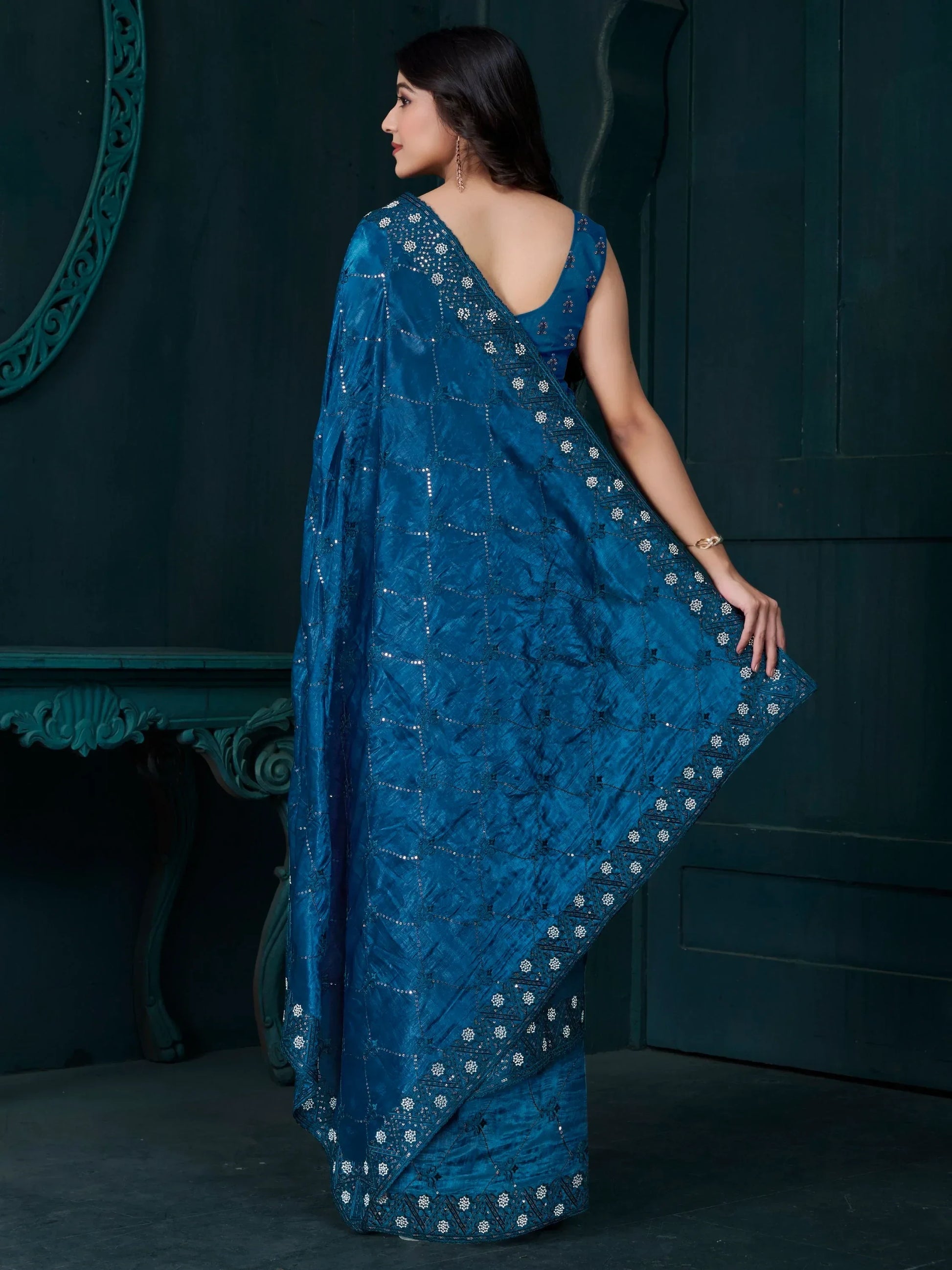Bewitching Teal Blue Thread Embroidered Silk Party Wear Saree - Zeel Clothing