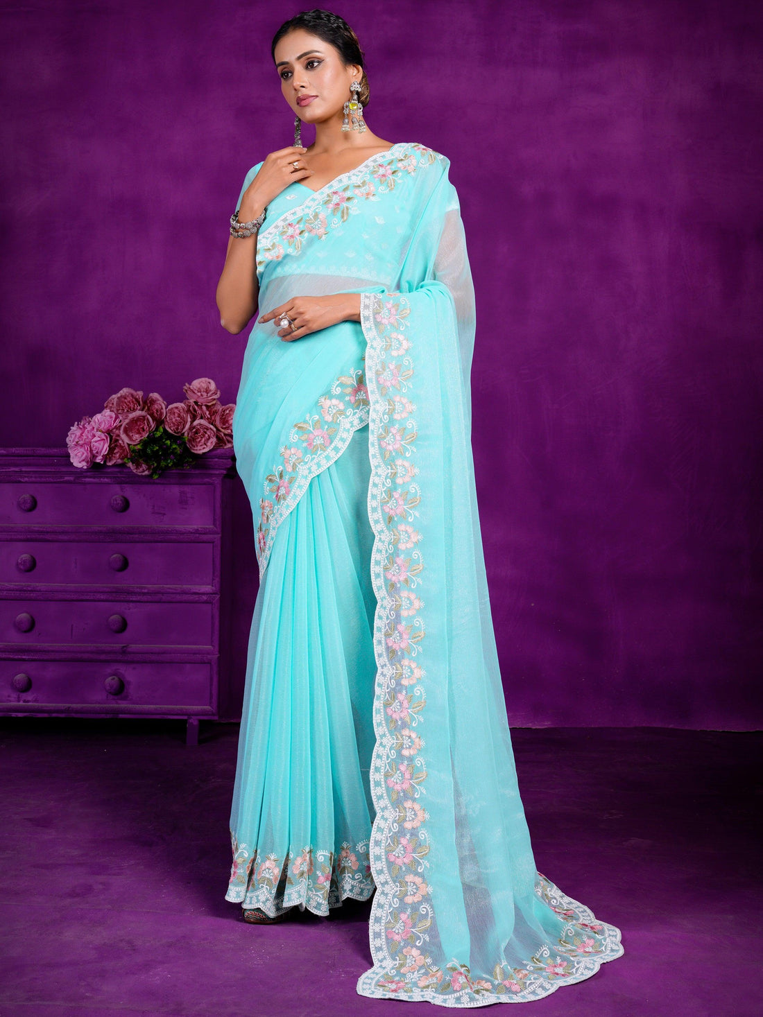 Bewitching Turquoise Lace Work Chiffon Festival Wear Saree With Blouse