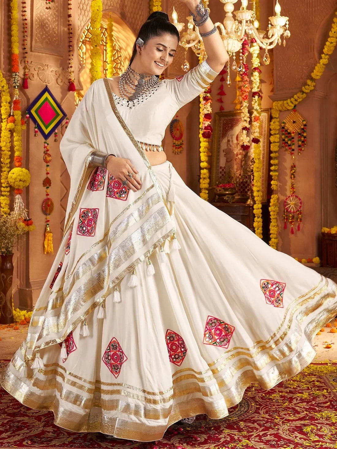 Bewitching White Patch Work Rayon Navratri Wear Lehenga Choli With Dupatta - Zeel Clothing