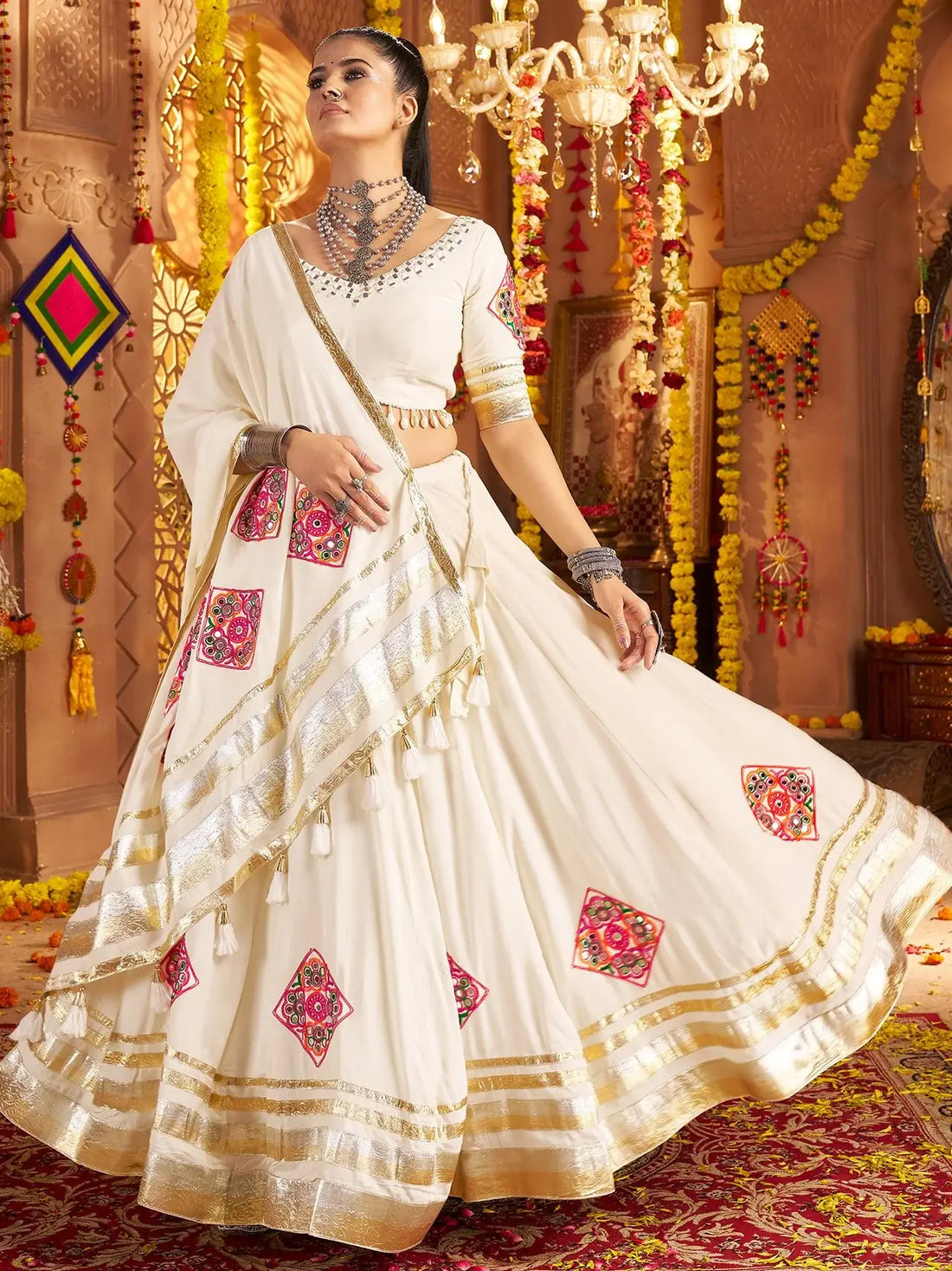 Bewitching White Patch Work Rayon Navratri Wear Lehenga Choli With Dupatta - Zeel Clothing