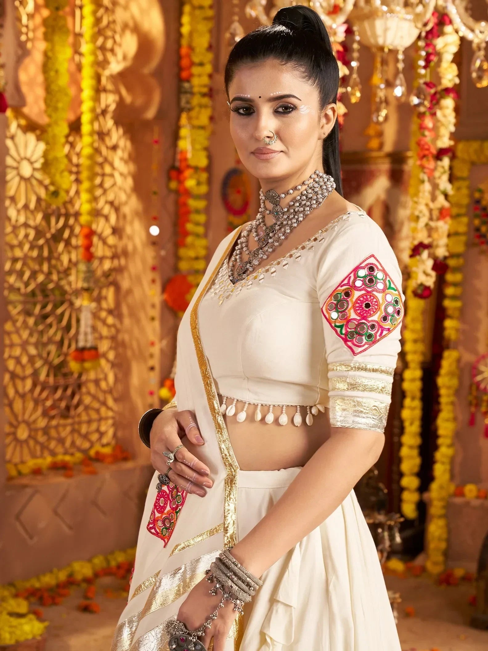 Bewitching White Patch Work Rayon Navratri Wear Lehenga Choli With Dupatta - Zeel Clothing