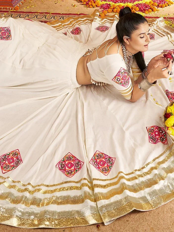 Bewitching White Patch Work Rayon Navratri Wear Lehenga Choli With Dupatta - Zeel Clothing