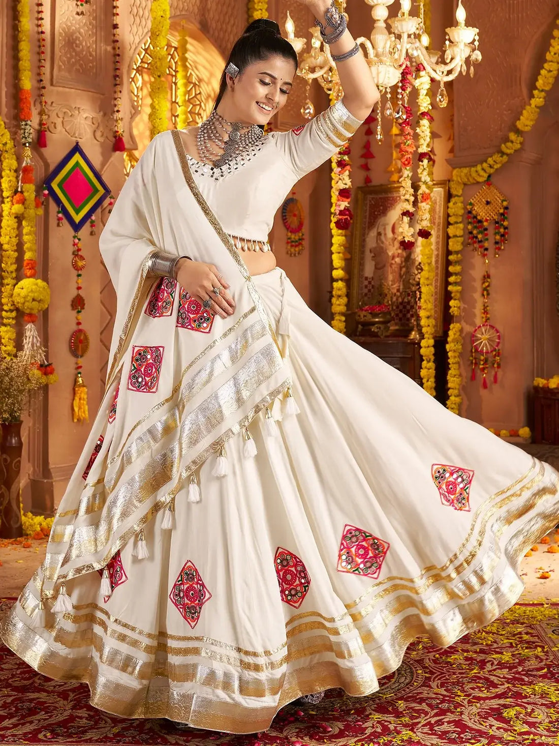 Bewitching White Patch Work Rayon Navratri Wear Lehenga Choli With Dupatta - Zeel Clothing
