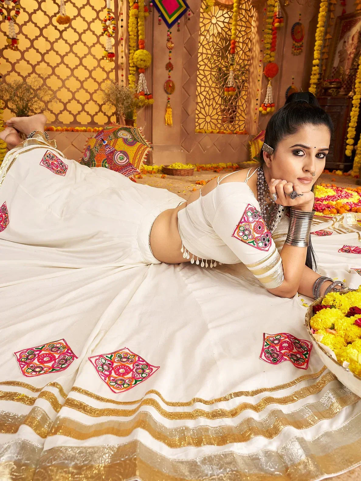 Bewitching White Patch Work Rayon Navratri Wear Lehenga Choli With Dupatta - Zeel Clothing