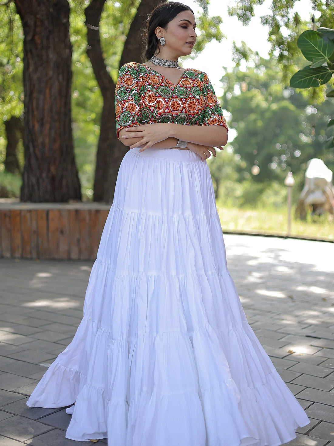 Bewitching White Rayon Navratri Lehenga With Embroidered Choli - Zeel Clothing