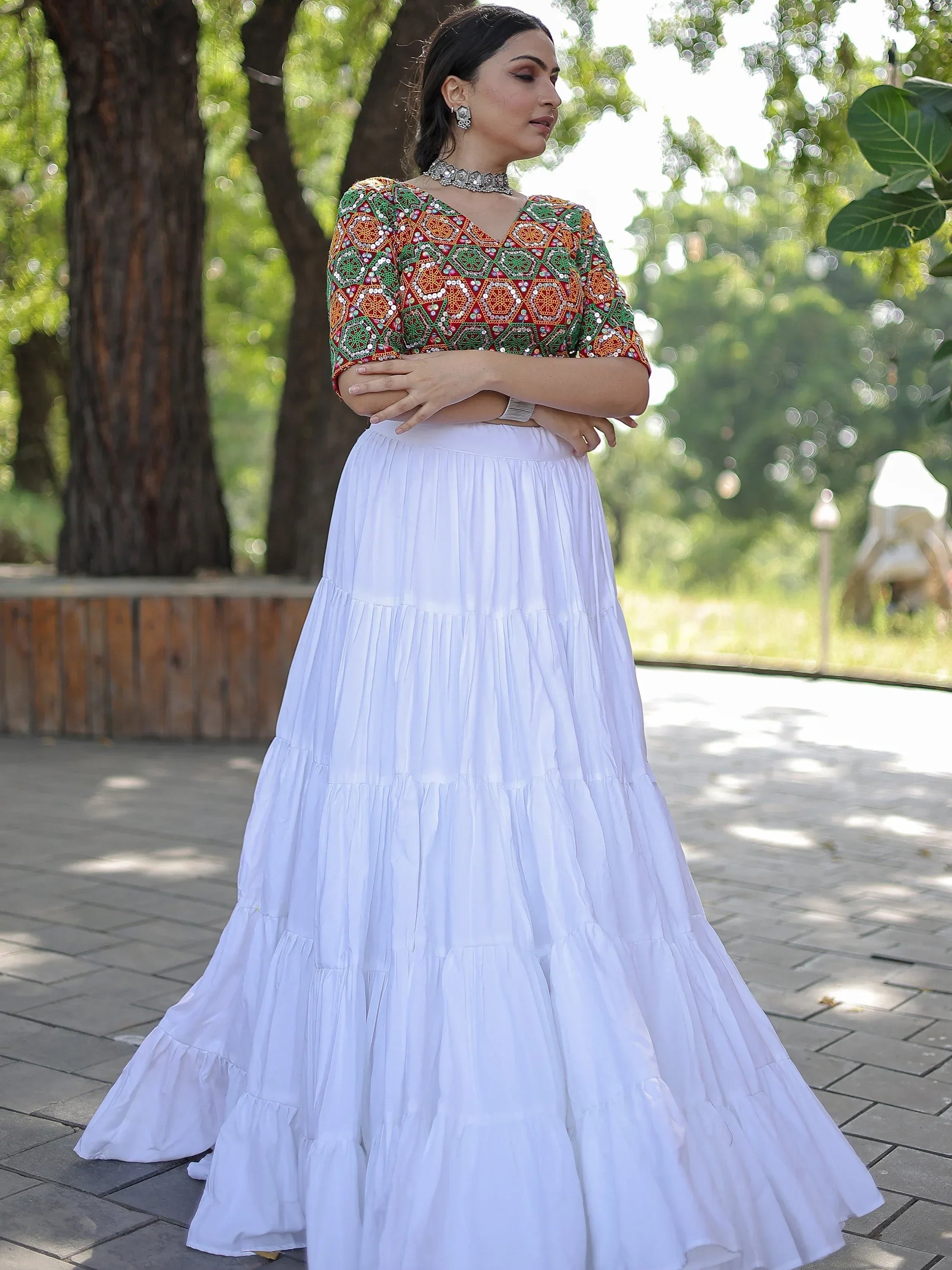 Bewitching White Rayon Navratri Lehenga With Embroidered Choli - Zeel Clothing