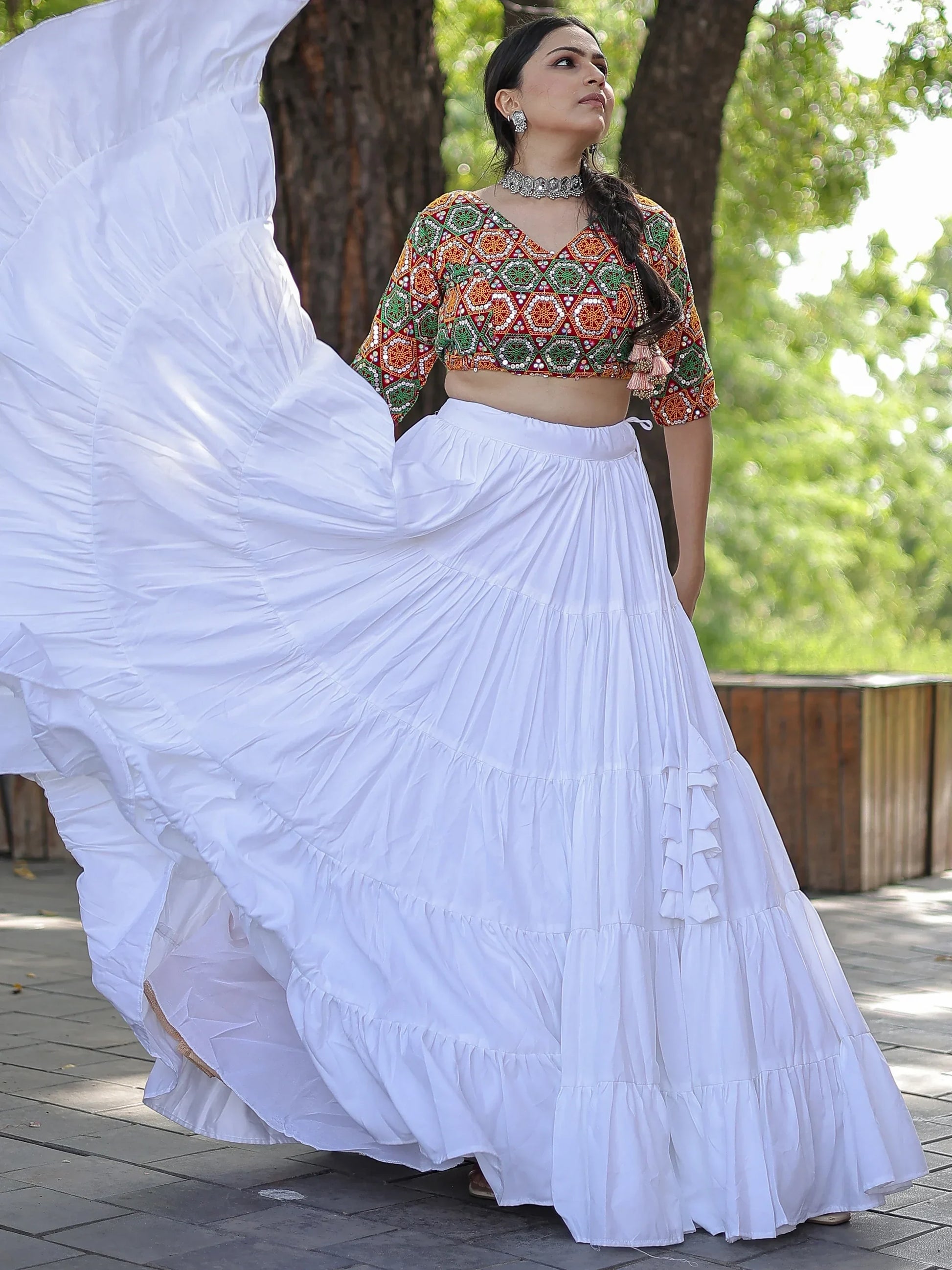 Bewitching White Rayon Navratri Lehenga With Embroidered Choli - Zeel Clothing