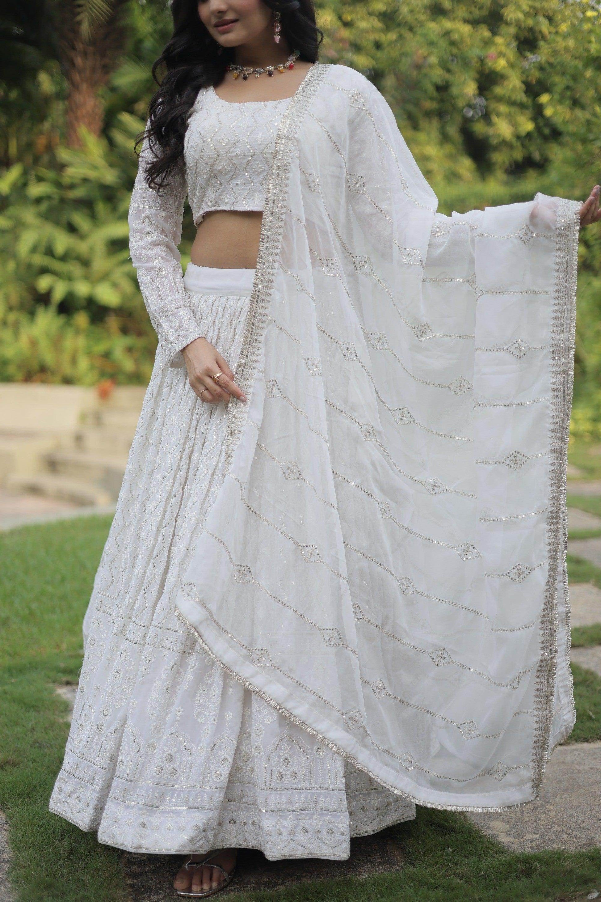Bewitching White Thread Work Georgette Reception Wear Lehenga Choli - Zeel Clothing