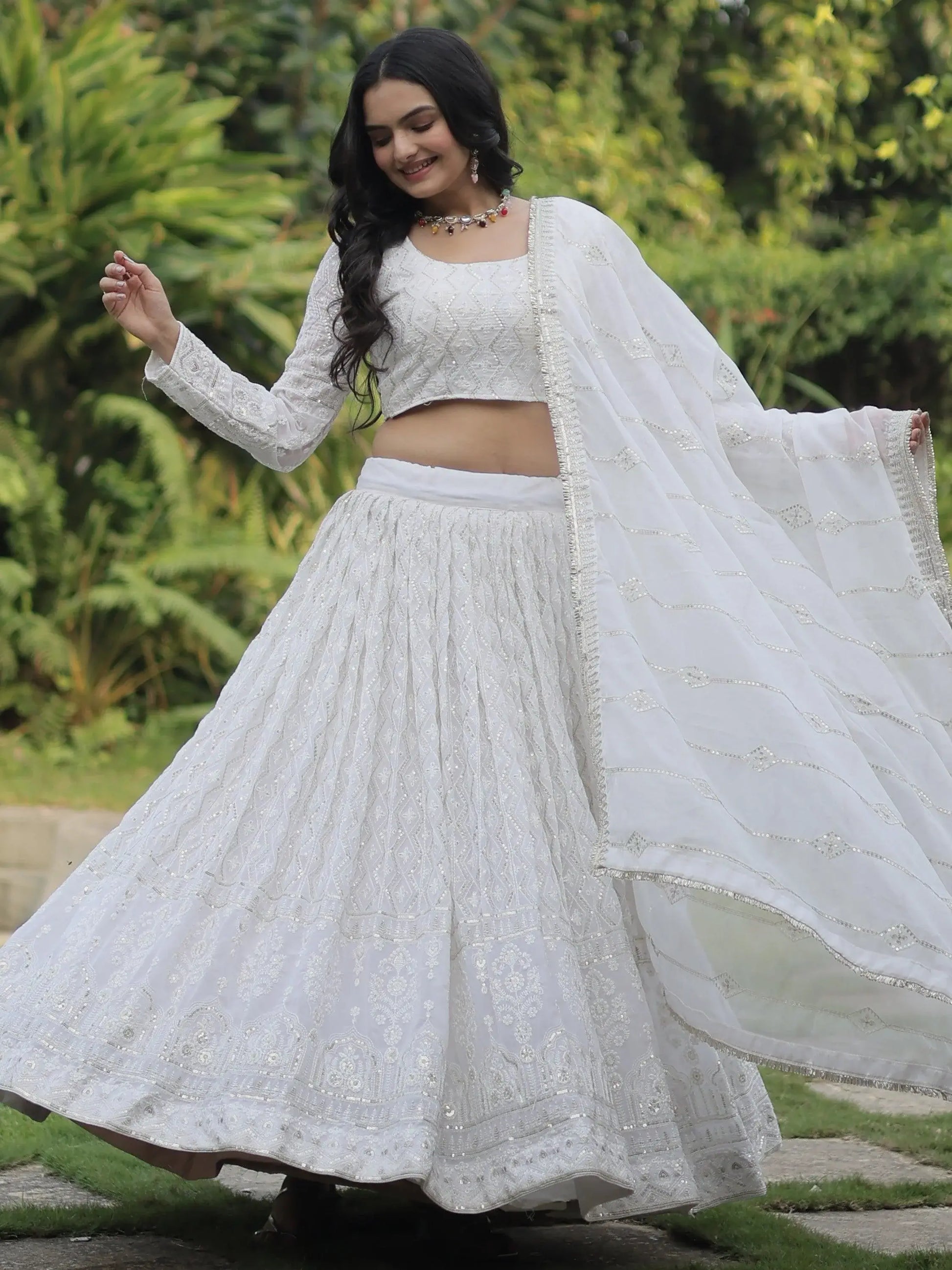 Bewitching White Thread Work Georgette Reception Wear Lehenga Choli - Zeel Clothing