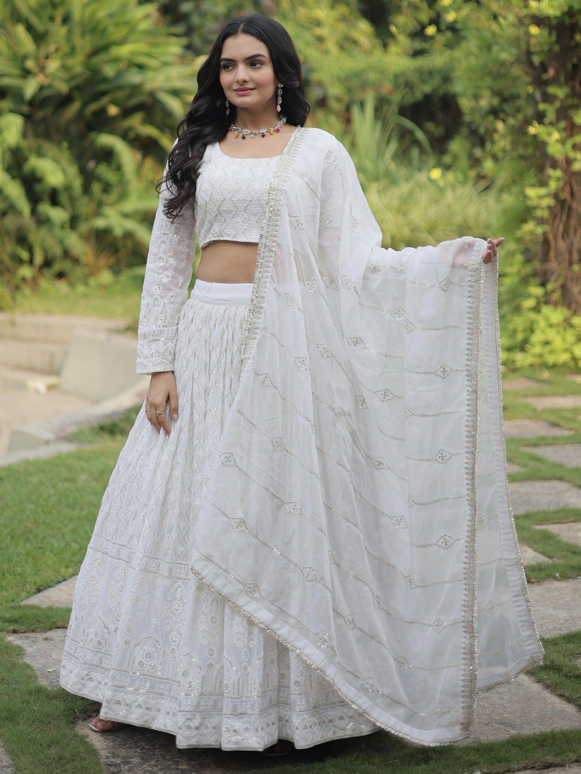 Bewitching White Thread Work Georgette Reception Wear Lehenga Choli - Zeel Clothing