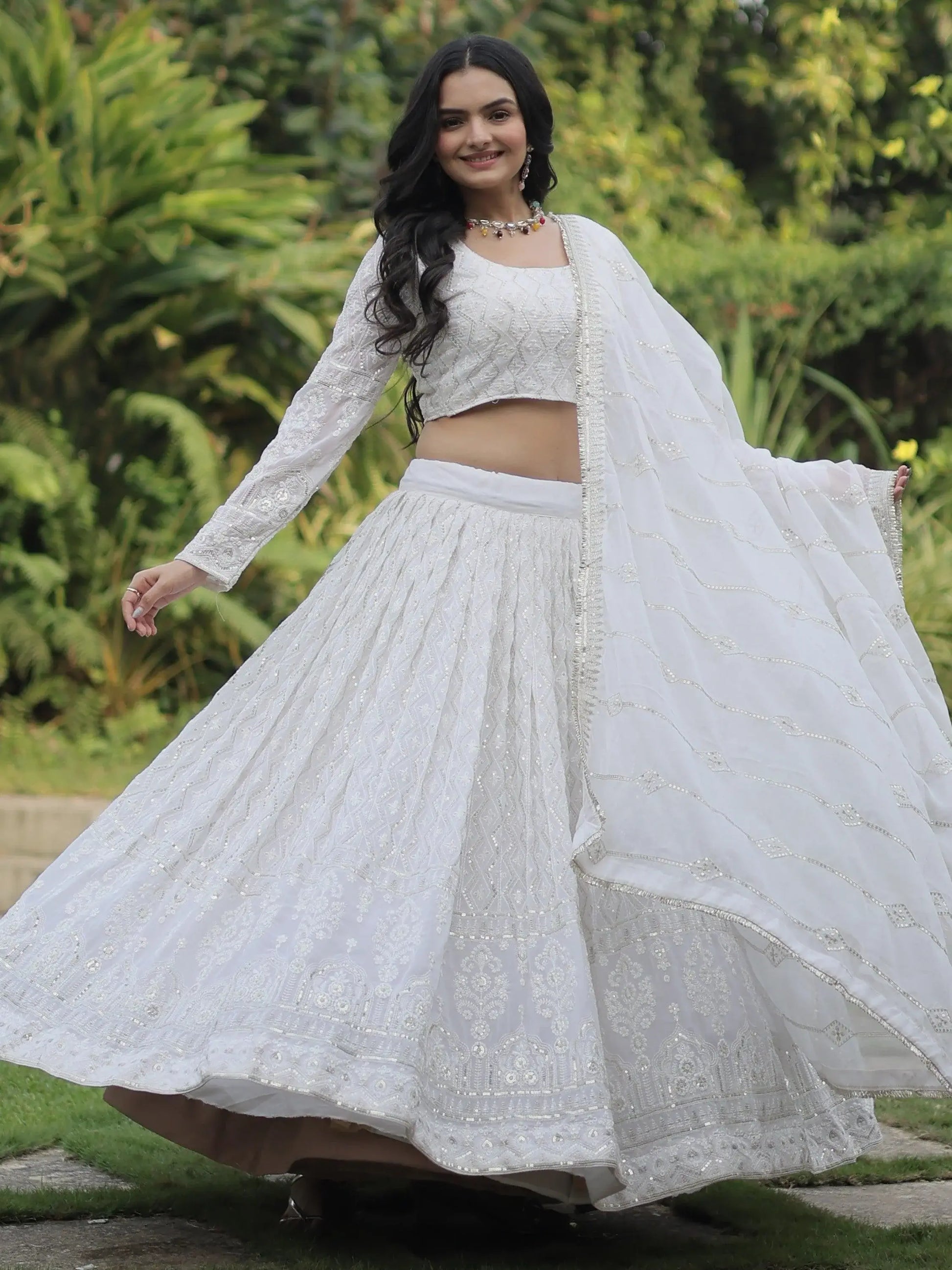 Bewitching White Thread Work Georgette Reception Wear Lehenga Choli - Zeel Clothing