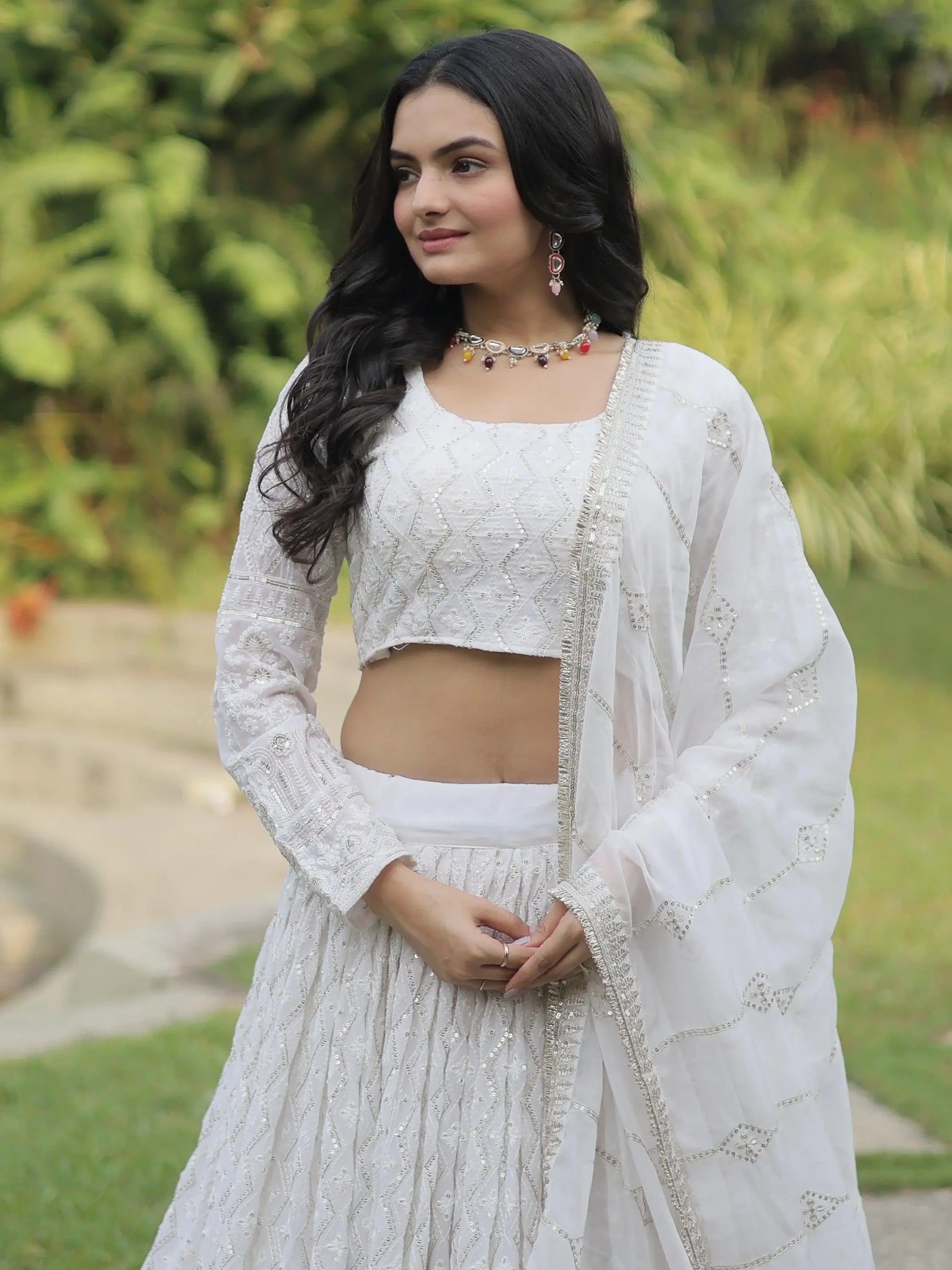 Bewitching White Thread Work Georgette Reception Wear Lehenga Choli - Zeel Clothing