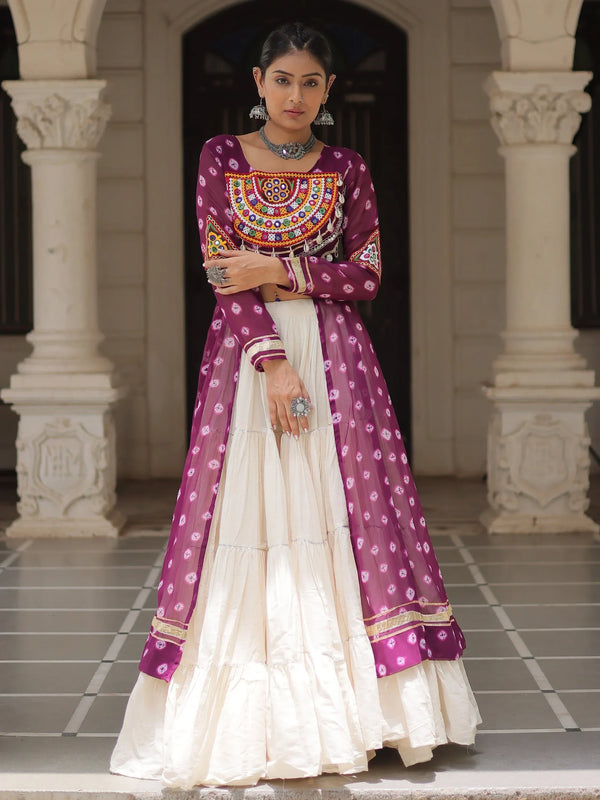 Bewitching Wine Cotton Navratri Wear Lehenga With Kutchi Patch Work Kurti - Zeel Clothing