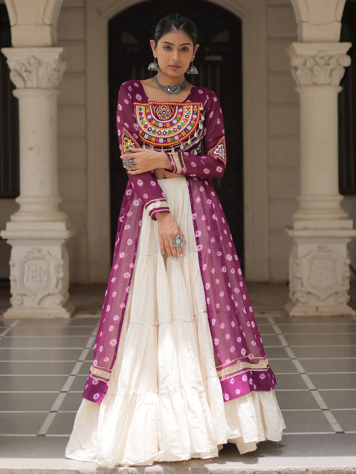 Bewitching Wine Cotton Navratri Wear Lehenga With Kutchi Patch Work Kurti - Zeel Clothing