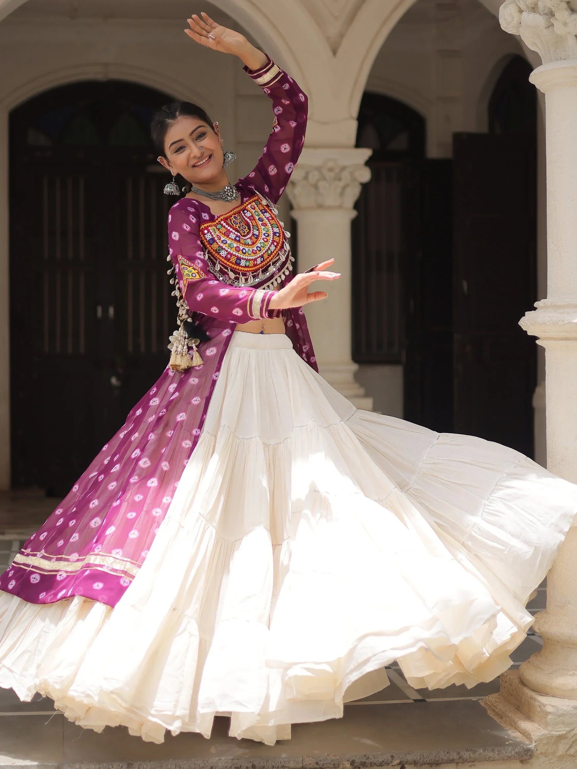 Bewitching Wine Cotton Navratri Wear Lehenga With Kutchi Patch Work Kurti - Zeel Clothing