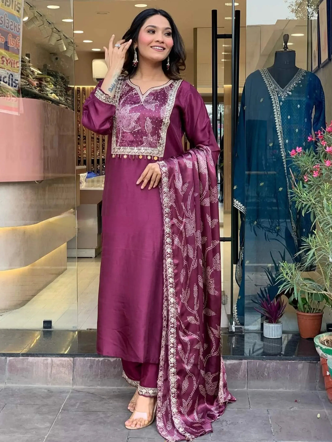 Bewitching Wine Embroidered Chanderi Silk Festival Wear Pant Suit - Zeel Clothing