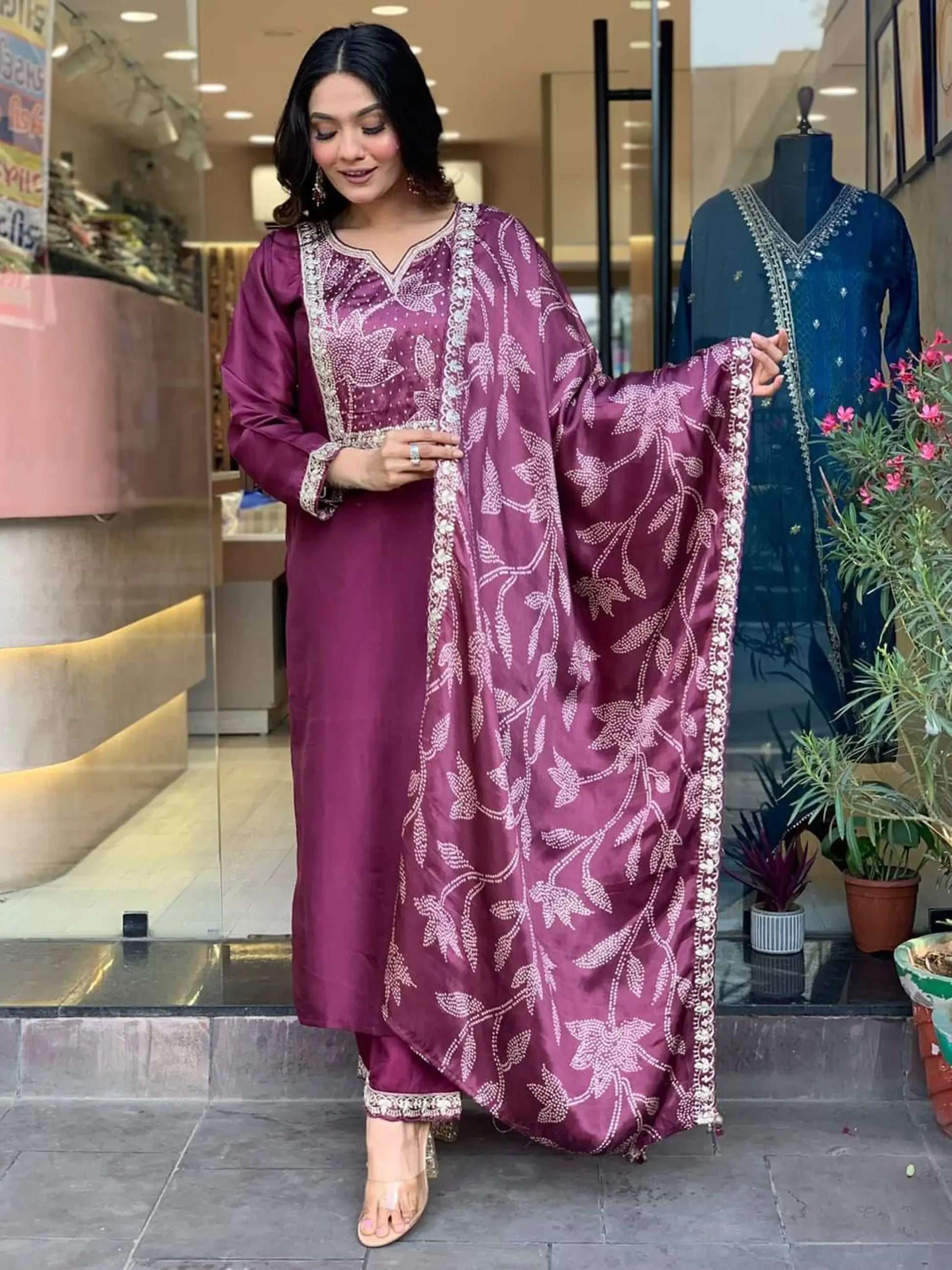 Bewitching Wine Embroidered Chanderi Silk Festival Wear Pant Suit - Zeel Clothing