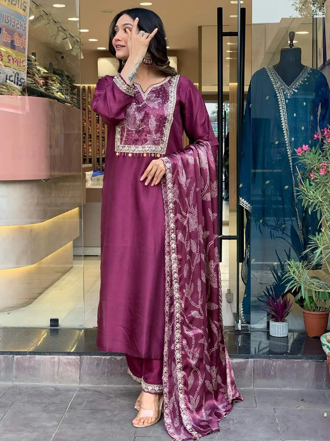 Bewitching Wine Embroidered Chanderi Silk Festival Wear Pant Suit - Zeel Clothing