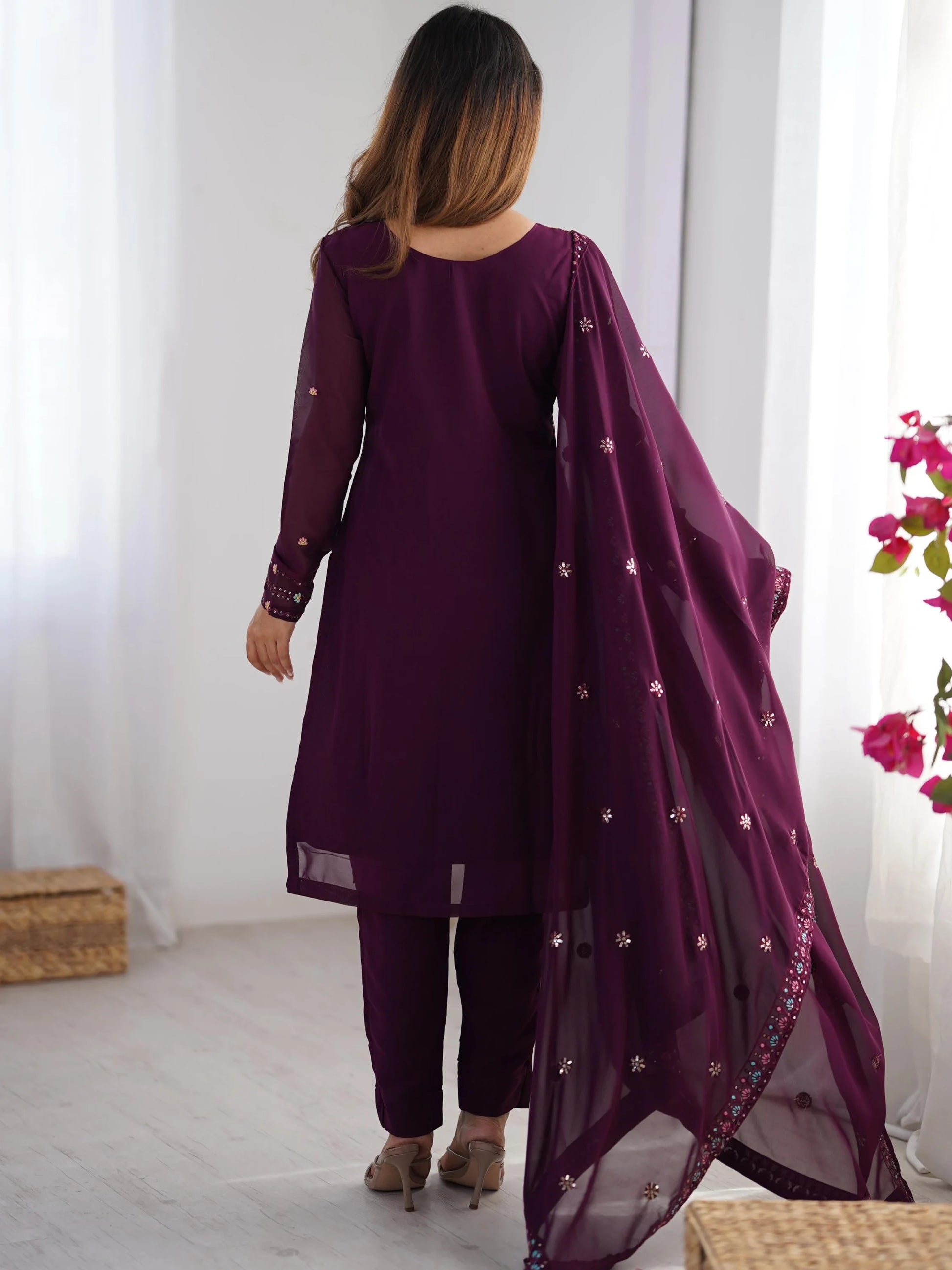 Bewitching Wine Georgette Thread Work Festive Wear Pant Suit With Dupatta - Zeel Clothing