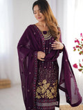Bewitching Wine Georgette Thread Work Festive Wear Pant Suit With Dupatta - Zeel Clothing