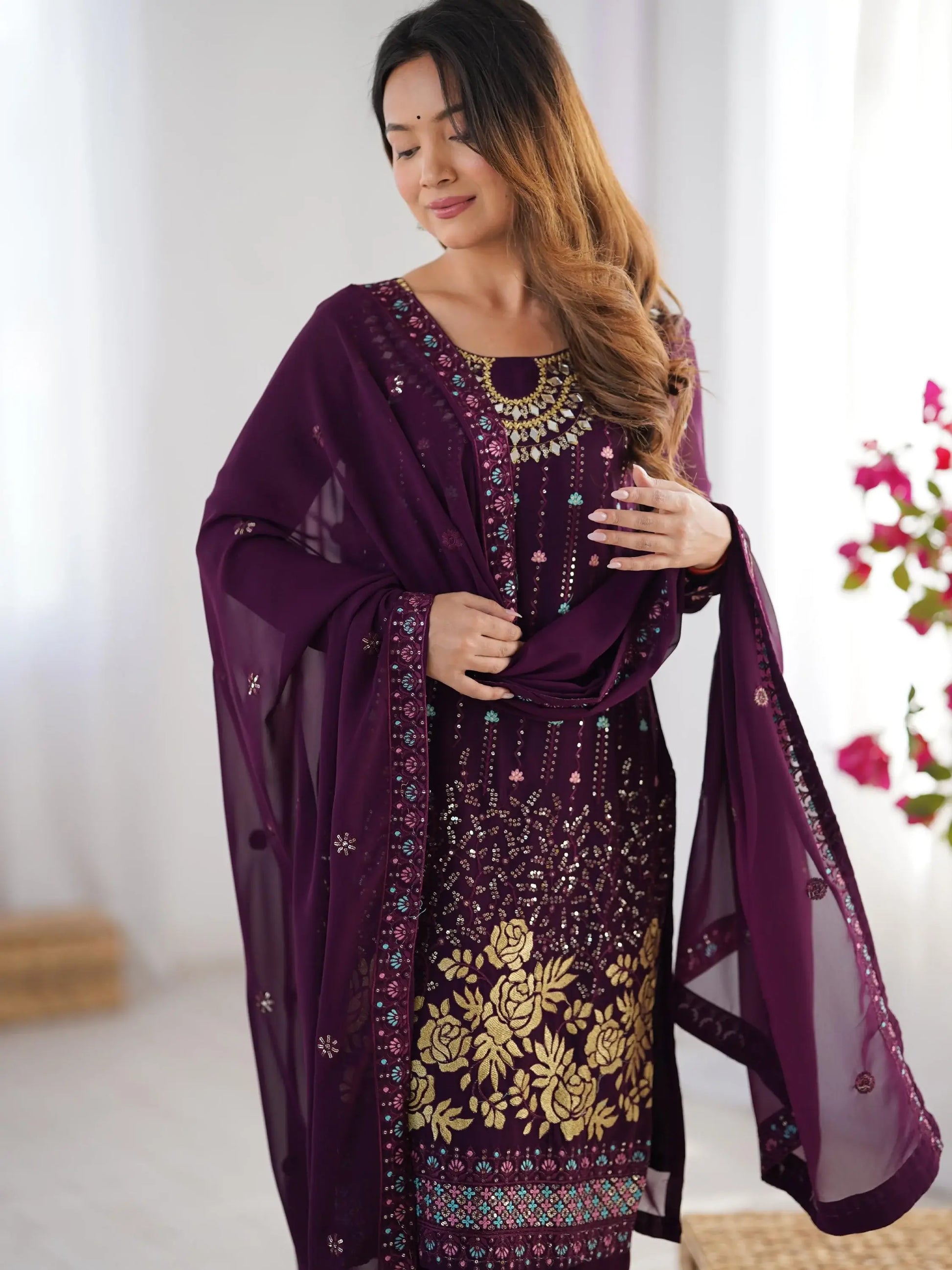 Bewitching Wine Georgette Thread Work Festive Wear Pant Suit With Dupatta - Zeel Clothing
