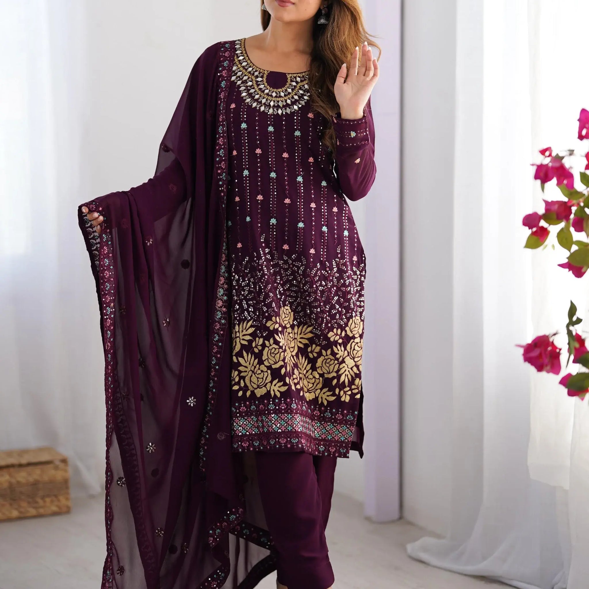 Bewitching Wine Georgette Thread Work Festive Wear Pant Suit With Dupatta - Zeel Clothing