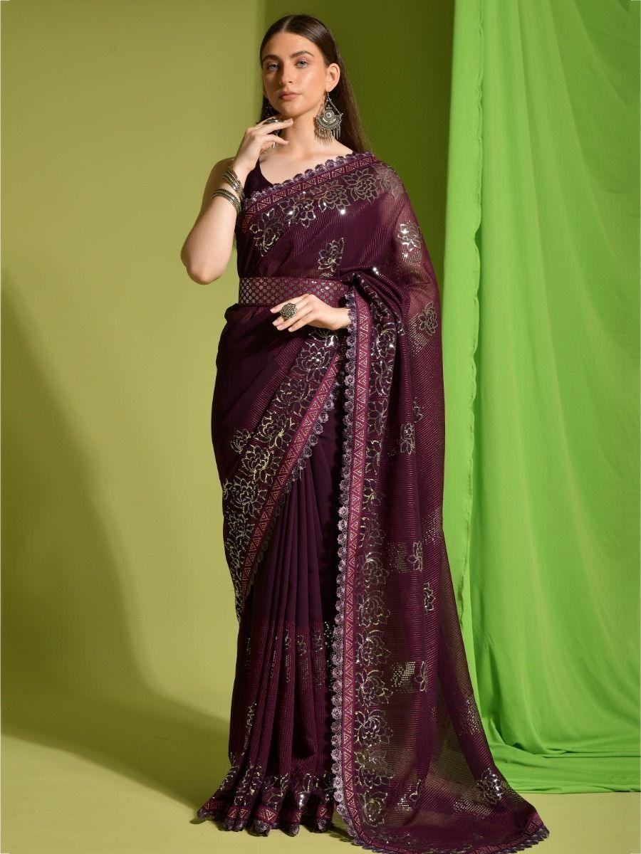 Bewitching Wine Sequins Georgette Reception Wear Saree With Blouse