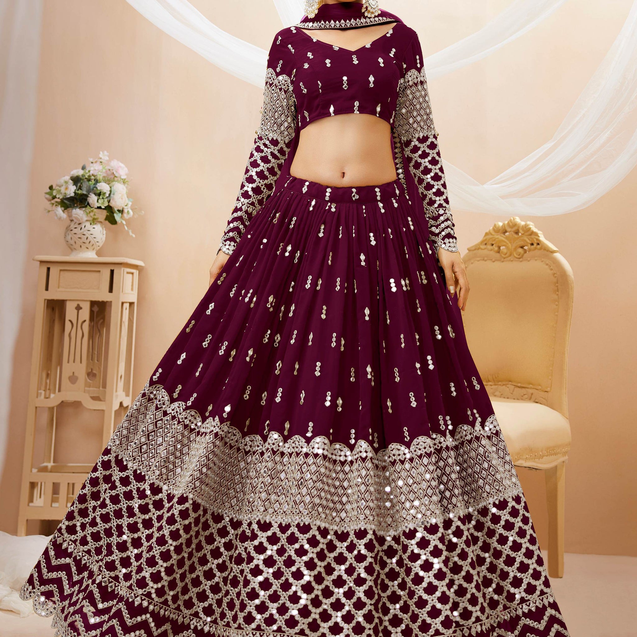 Bewitching Wine Sequins Georgette Wedding Wear Lehenga Choli - Zeel Clothing