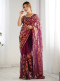 Bewitching Wine Sequins Net Reception Wear Saree With Blouse - Zeel Clothing